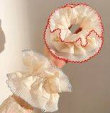 Elegant Ivory Ruffle Scrunchie with colour Trim