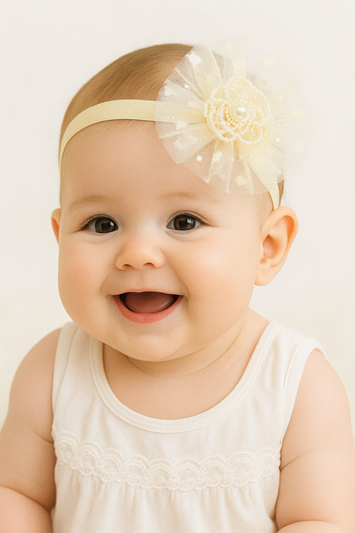 Partywear fascinator pearl flower on starry tulle baby headband