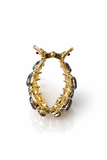 A gold hoop earring with multiple oval dark gemstones along the edge is styled next to the Pretmebabe Peacock ponytail clutcher hair accessory, both displayed on a white background.