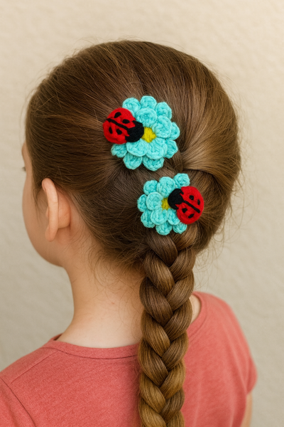 Pair of Crochet ladybug on flowers hairclip