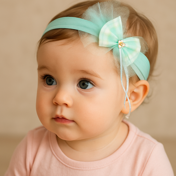 Soft cotton everyday baby headband trail bow on tulle