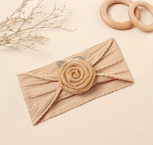 Soft cotton baby headband with rose - fawn