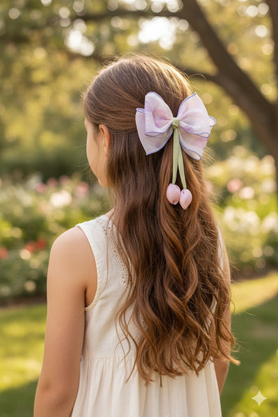A young girl with long, wavy brown hair wears a Pret my baby Medium fascinator tulip bow in her hair and a white sleeveless dress, standing in a sunlit garden filled with blurred tulips and lush greenery.