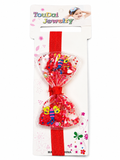 A pack of "Pret my baby" Dancing confetti bow soft baby headband—a red elastic band with two colorful butterfly accents, displayed on a white card with floral and butterfly designs.