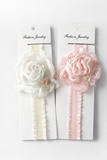 The Pret my baby Partywear fascinator large rose baby headband features a delicate chiffon rose—perfect for complementing adorable infant outfits or pairing with matching accessories.