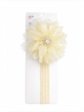 The Pret my baby Fascinator large ombre flower baby headband features a cream-colored organza flower with a jeweled center on a pleated ribbon, elegantly displayed on white packaging.
