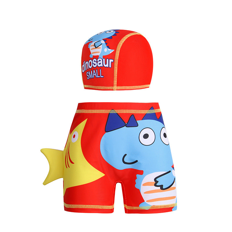 Dino swim trunks with matching cap