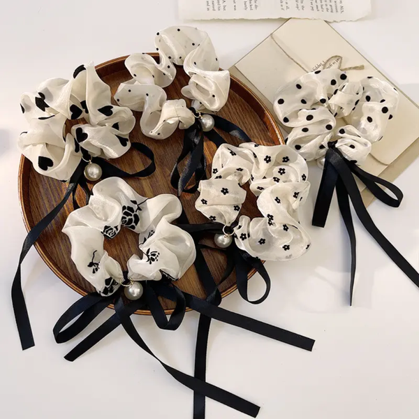 Retro black and white scrunchie with pearl and ribbon bow