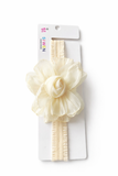 A cream-colored Fascinator extra large flower with rose bud baby headband by Pret my baby, displayed on white packaging.