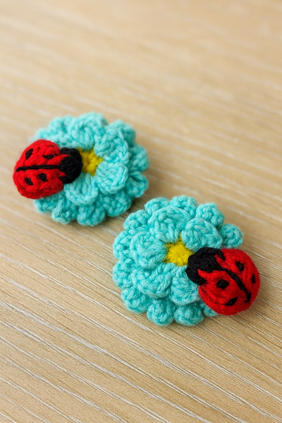 Pair of Crochet ladybug on flowers hairclip