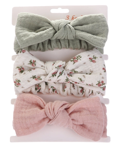 Pack of 3 muslin headbands with knot bows - style 4