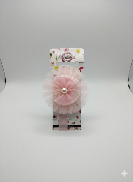 Soft cotton everyday baby headband pearl bow on tulle