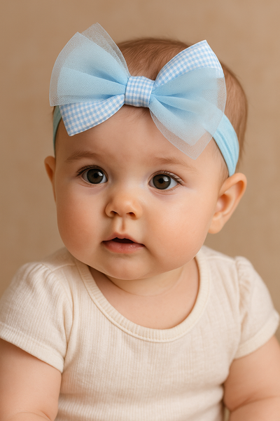 Soft cotton everyday baby headband checks and tulle bow