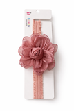 The Pret my baby Fascinator extra large flower with rose bud baby headband features a pink elastic band and large fabric flower, displayed on a white SIWEN HAND MADE cardboard backing.