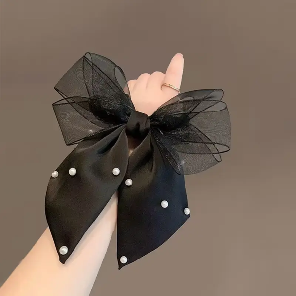 Organza and satin bow scrunchie with pearls