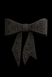 The Pretmebabe Midnight Sparkle Luxe Bow in Style 3 features two loops and two tails adorned with sparkling rhinestones on a black background, secured by an alligator clip—perfect for elevating your evening look.