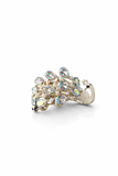 The Pretmebabe Peacock ponytail clutcher features a detailed silver peacock design with iridescent teardrop gemstones as feathers, resembling an elegant jeweled hair accessory, shown against a white background.