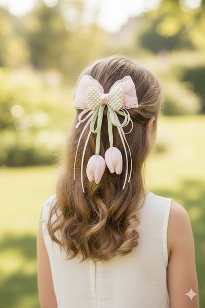 A young girl with wavy brown hair wears a white dress and a Pret my baby Tulip with pearls and delicate ribbon fascinator hairclip, standing outdoors in a sunlit garden.