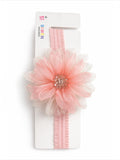 The Pret my baby Fascinator large ombre flower baby headband features a jeweled pink and white organza flower on a light pink elastic band, displayed on a white SIWEN HAND MADE card—perfect for infants.