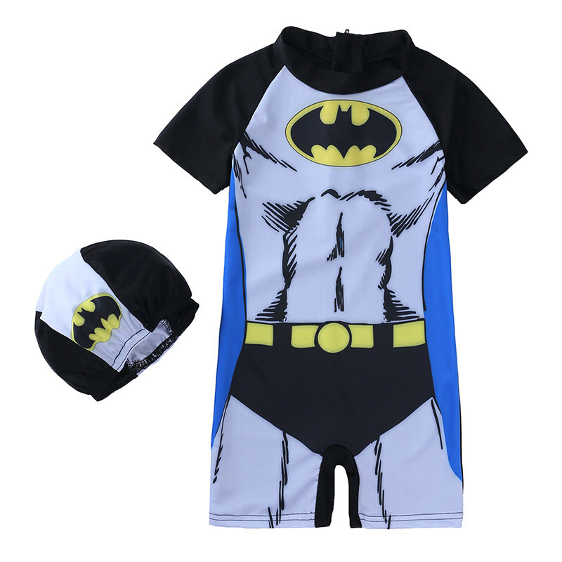 One piece superhero swimsuit with matching cap