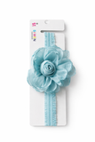 The Pret my baby Fascinator extra large flower with rose bud baby headband in light blue is shown on a white card, ideal for baby or toddler headbands.