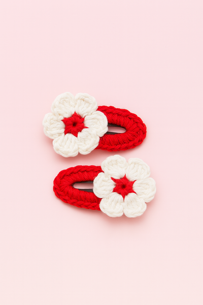 Pair of red flower crochet tictac hairclips