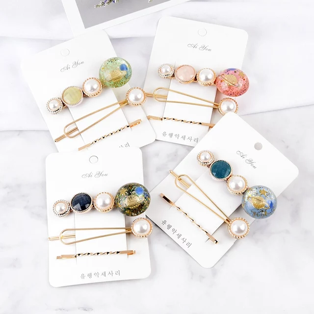 Pack of 3 metallic resin and stone hairpins